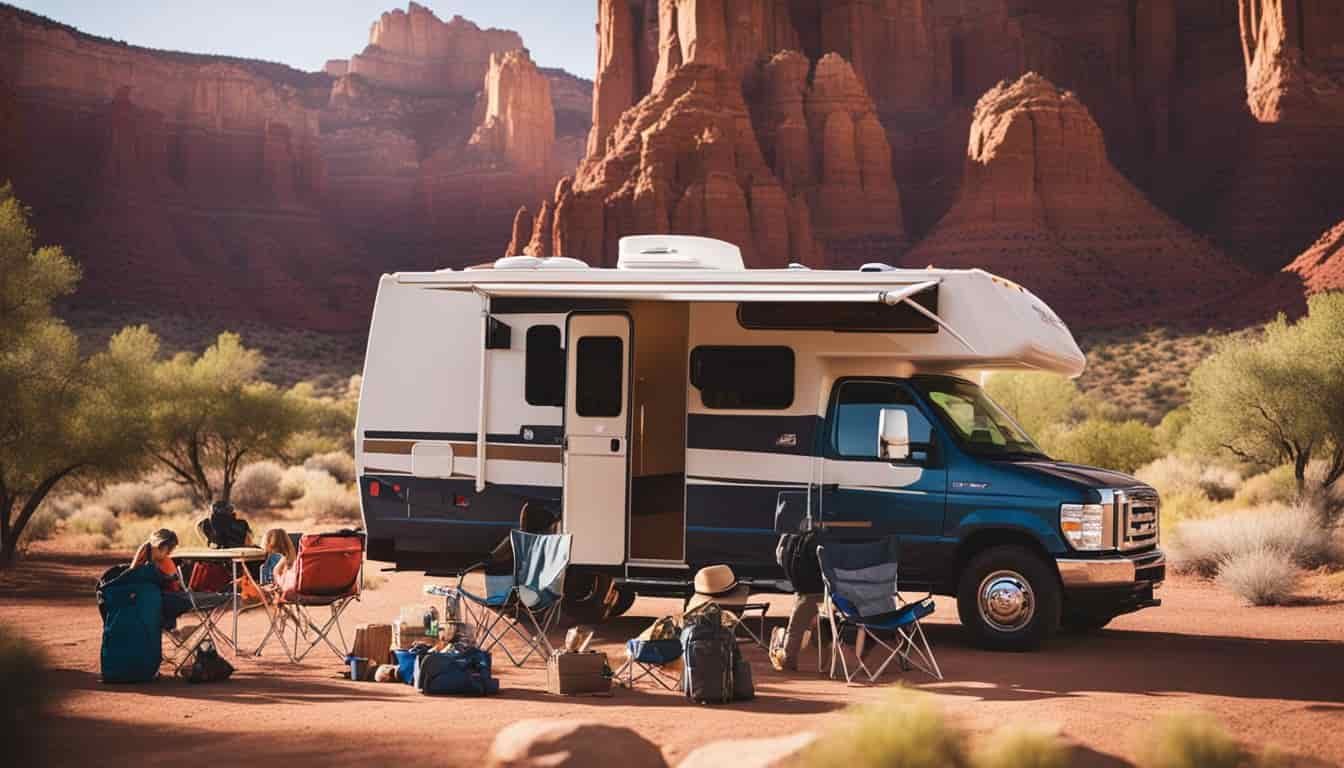 A family loads camping gear into a rented RV in Utah, surrounded by red rock formations and towering desert landscapes