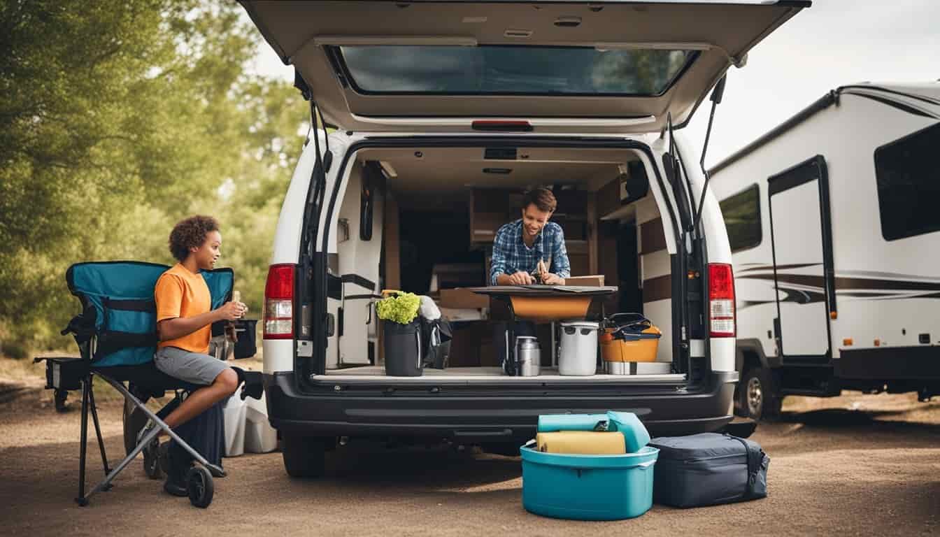 A family loads camping gear into an RV at a rental facility in Utah. A support staff member assists with paperwork and provides logistical information