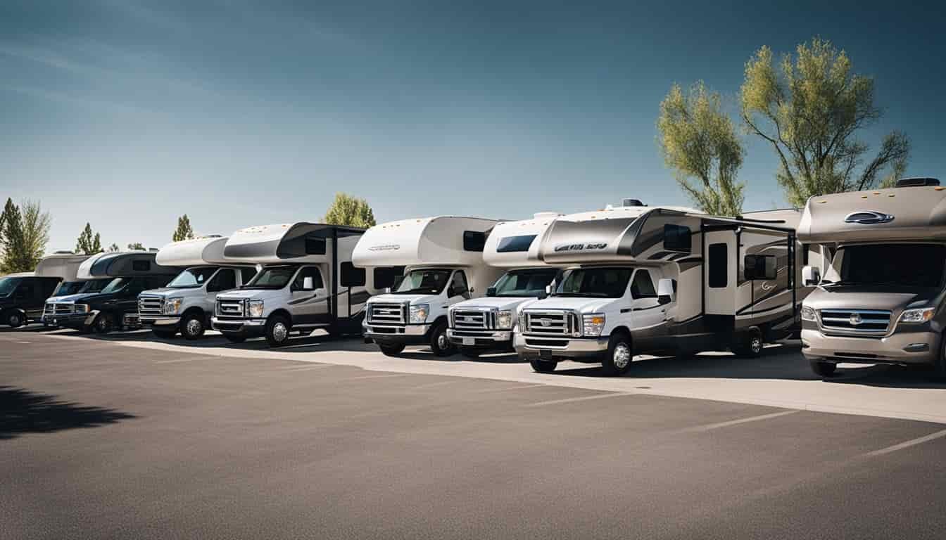 An RV rental office in Utah with a line of customers, staff assisting, and a variety of RVs parked in the lot
