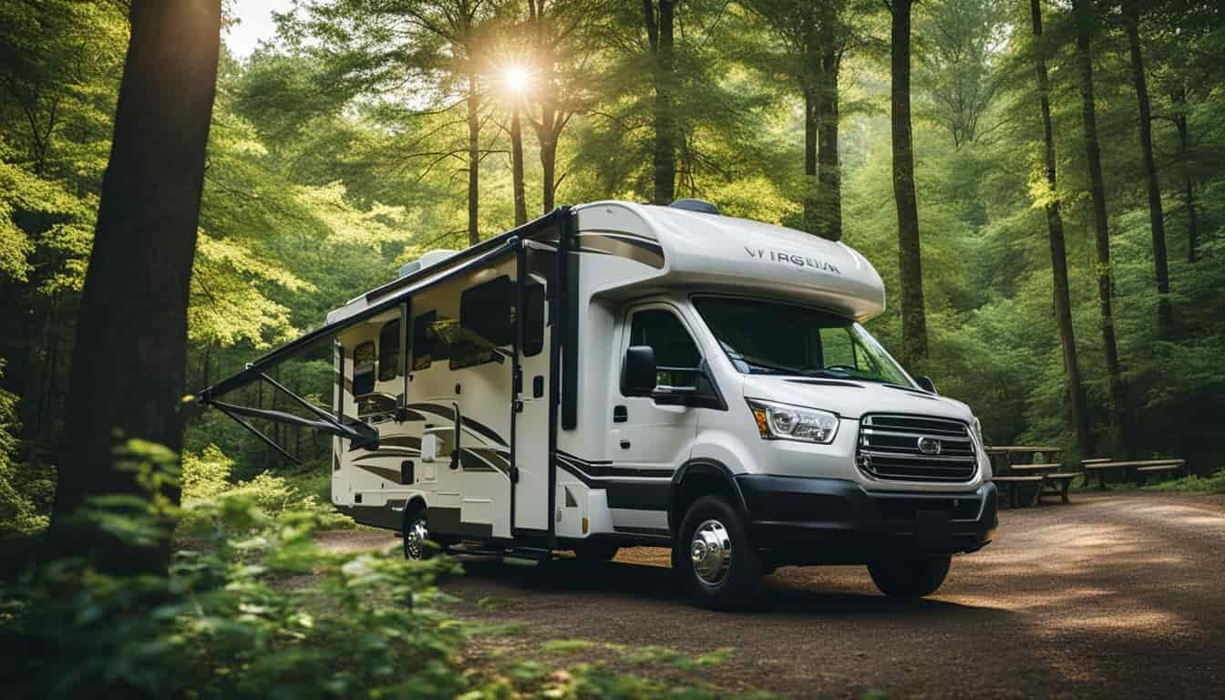 An RV parked in a scenic campground in Virginia, surrounded by lush green trees and a peaceful river flowing nearby