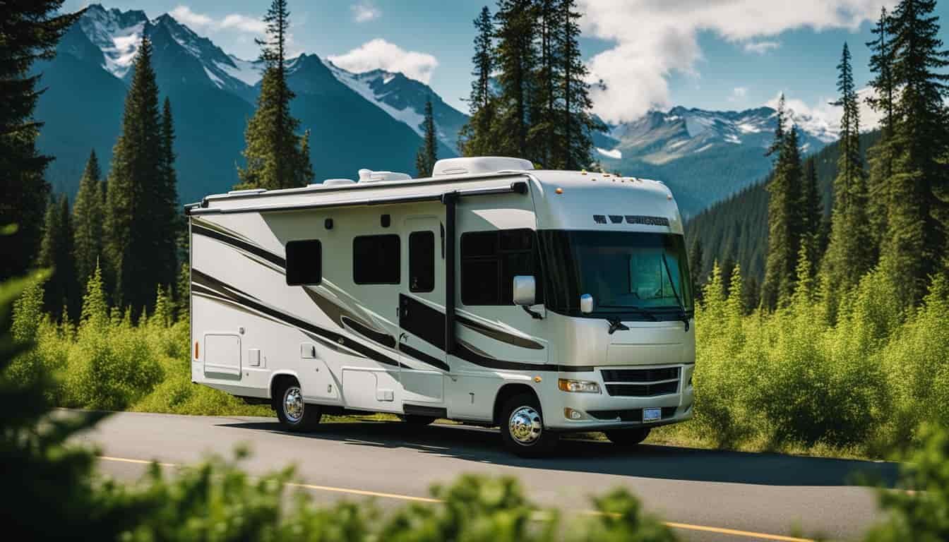 An RV traveling through lush green forests and snow-capped mountains in Washington State