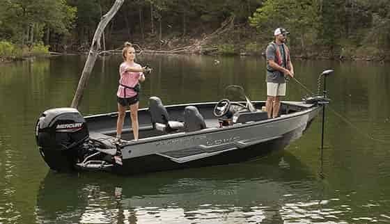Lowe FM 1800SC with father and daughter fishing in lake by dead tree in gray boat scheme