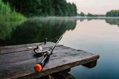 fishing pole left on a New Jersey dock on lake spinning reel attached