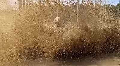 atv splashing in mud hole man riding but cannot see him