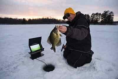 fisherman holding fish on ice with fish finder on ice