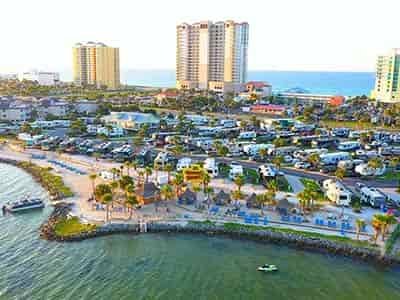 rv park on intercoastal waterway full of rv trailers with large hotels in the background