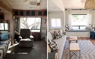 travel trailer interior upgrade before and after dark wood and wallpaper removed and painted