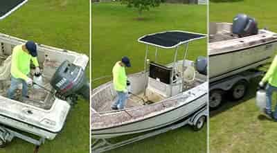 cleaning boat from months of sitting under tree with cleaner and pressure washer
