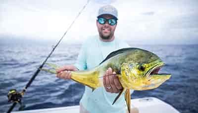 mahi mahi caught by young man in fishing yacht