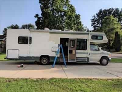 32 foot class c rv being primered then painted