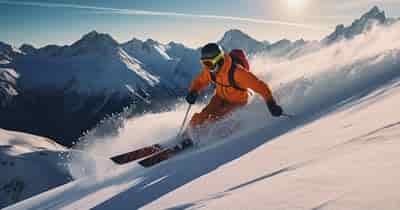 man skiing on fresh powder with goggles and helmet on