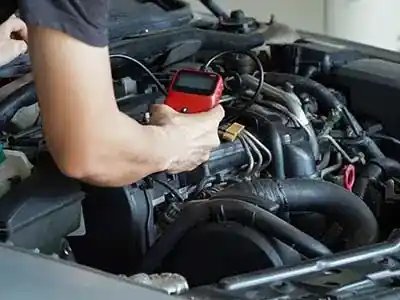 mechanic under hood reading scanner