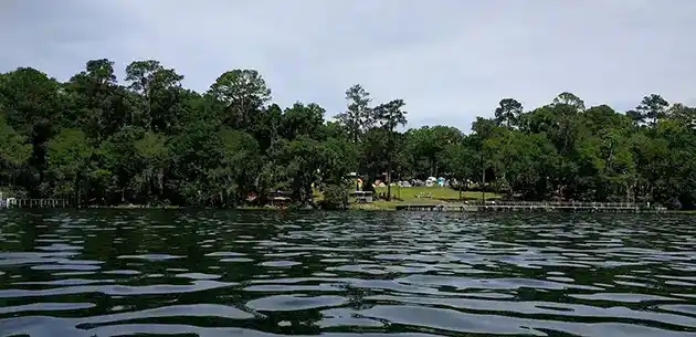 cherry lake view back to campgrounds from lake