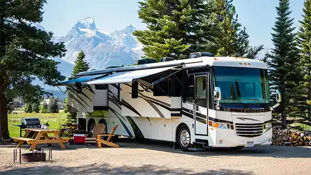 Class A RV camp site in mountain valley